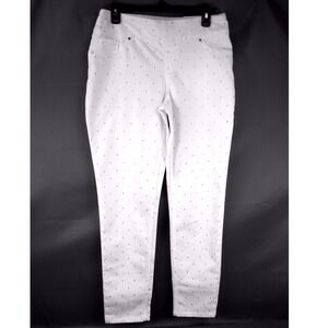 Peck & Peck White Gold Foil Dash Print Pull On Girlfriend Jeans Slim Leg Size 10